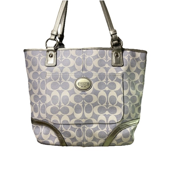 Coach‎ Womens Blue&Silver Canvas Coated Peyton Heritage shoulder Tote Bag EUC